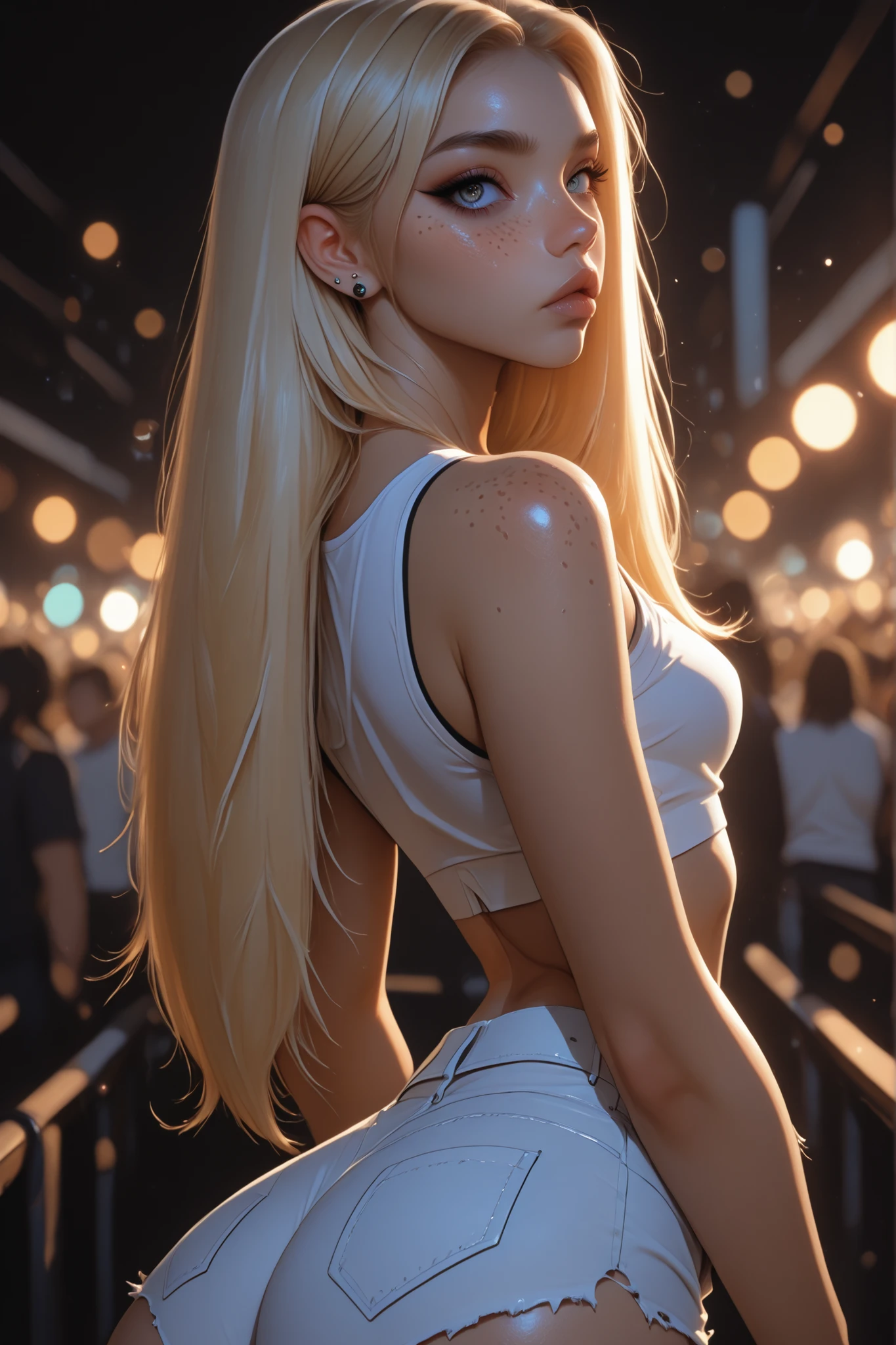 view from side, rave, masterpiece, best quality, hrigh details, Ray tracing, hdr, volumetric lighting, bokeh, depth of field, glossy lips, score_9, score_8_up, score_7_up, upscale 2x, white Girl with Long Hair and Piercing Eyes, beautiful face, Her toned abdomen and curves are visible, close up, tight tank top, ripped jean shorts, freckles, eyeliner, blonde, small breasts, round ass