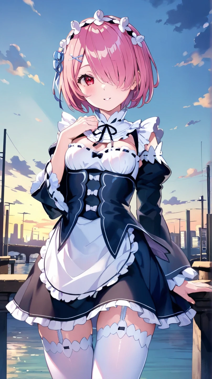 (highest quality:1.2, Very detailed, Latest, Vibrant, Super Detail, Ultra-high resolution, High Contrast, masterpiece:1.2, highest quality, Best aesthetics, aya:0.9), alone, (1 female), ram \(re:zero\), pink hair, white thighhighs, short hair, red eyes, hair over one eye, hair ribbon, x hair ornament, maid headdress, waist apron, garter straps, black ribbon, small breasts, detached sleeves, neck ribbon, hair flower, roswaal mansion maid uniform, Dynamic Angle, Random Pause, Very detailedな顔と肌の質感, Cowboy Shot,