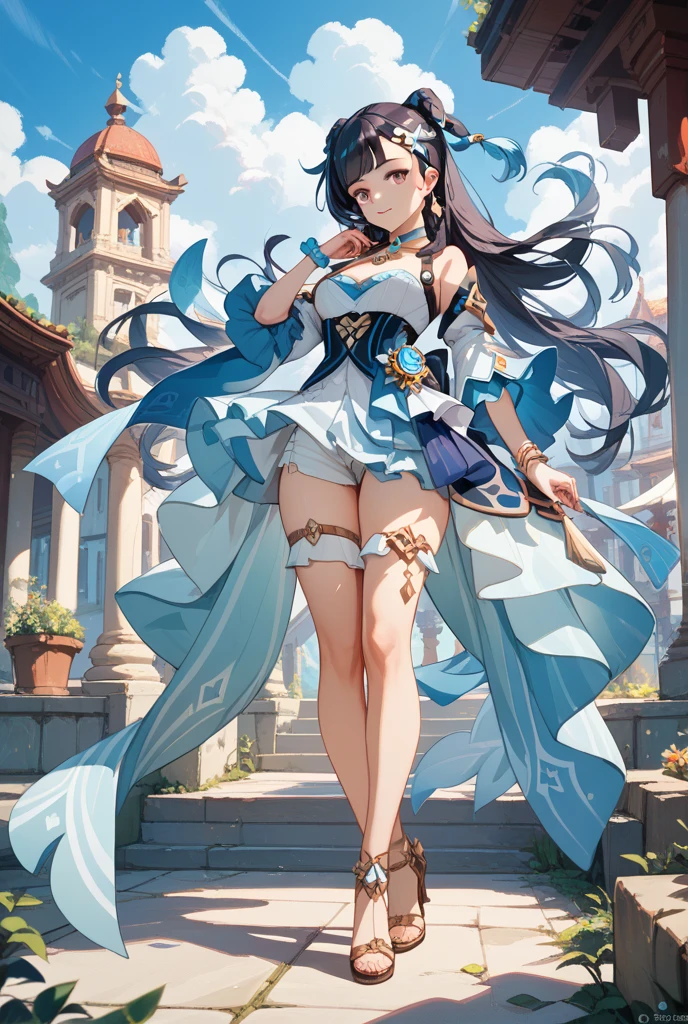 long hair, black hair, medium breast, slim legs, happy, bluish gown, cleavage, arabian belly dancer , short skirt, rin tohsaka, twin tail, navel, garden, blue eyes, tiara, standing, thigh high socks, sunlight