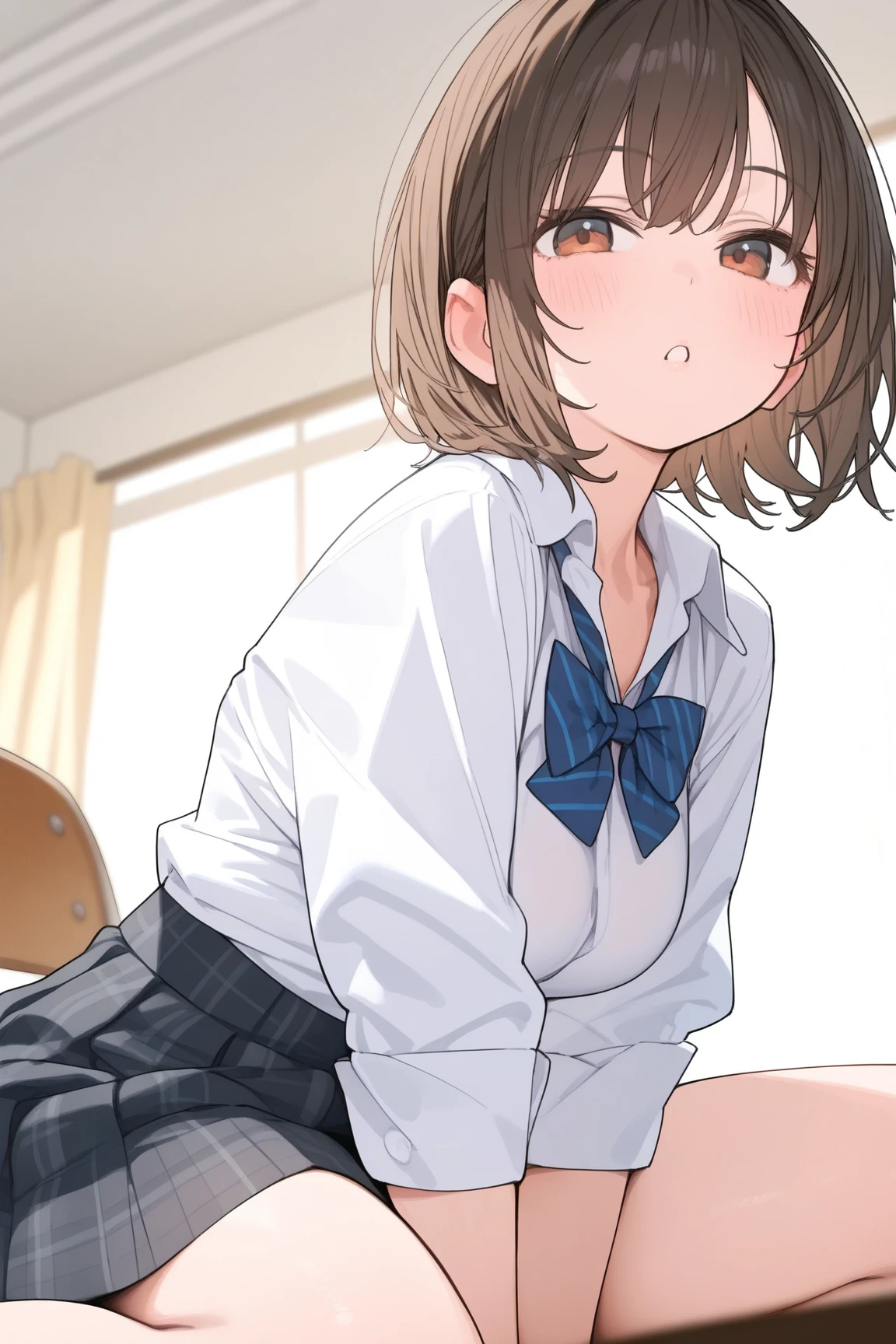 Maruka Higuchi、Higuchi_Madoka、Mature Japan、1 person、thin and thin legs、The whole body from head to foot、Sit on、、(black_pantyhose):1.2)、Showing white panties through stockings、Very beautiful 17 year old girl, Innocent big eyes, (brown_short_hair),,(前hair),dishevled hair,(hair clips),A slight blush, alone, Looking at the audience, Showing white panties、Flip up the skirt、Skirt flip、pull up the skirt with your hands、Show your underwear、Show off your pants with your own hands、Panty shot、Wide-open legs、Panties digging into the crotch、 Spread your legs、Spread your legs、High white blouse、High Blue Ribbon、Navy high pleated skirt