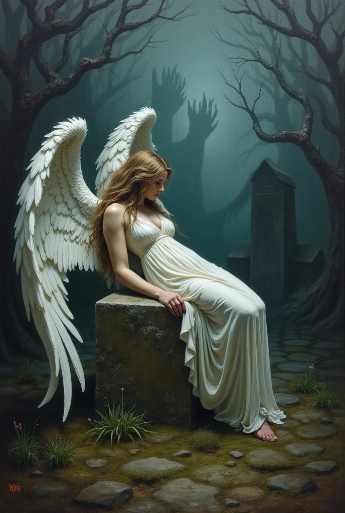 Make a beautiful naked angel crying on a grave 