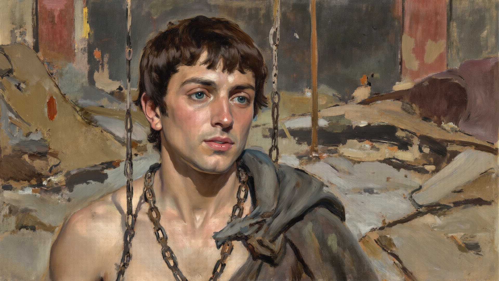Saint Sebastian in chains with arrows embedded in the body, in a dungeon,  [(chains:0.33)], (Adolf Piot style)), The dark Renaissance, (fog, very scuffing), ((palette/oil painting palette knife)), ((masterpiece)), single shot, impression:1.2, extreme detail, perspective:1.33, 8k