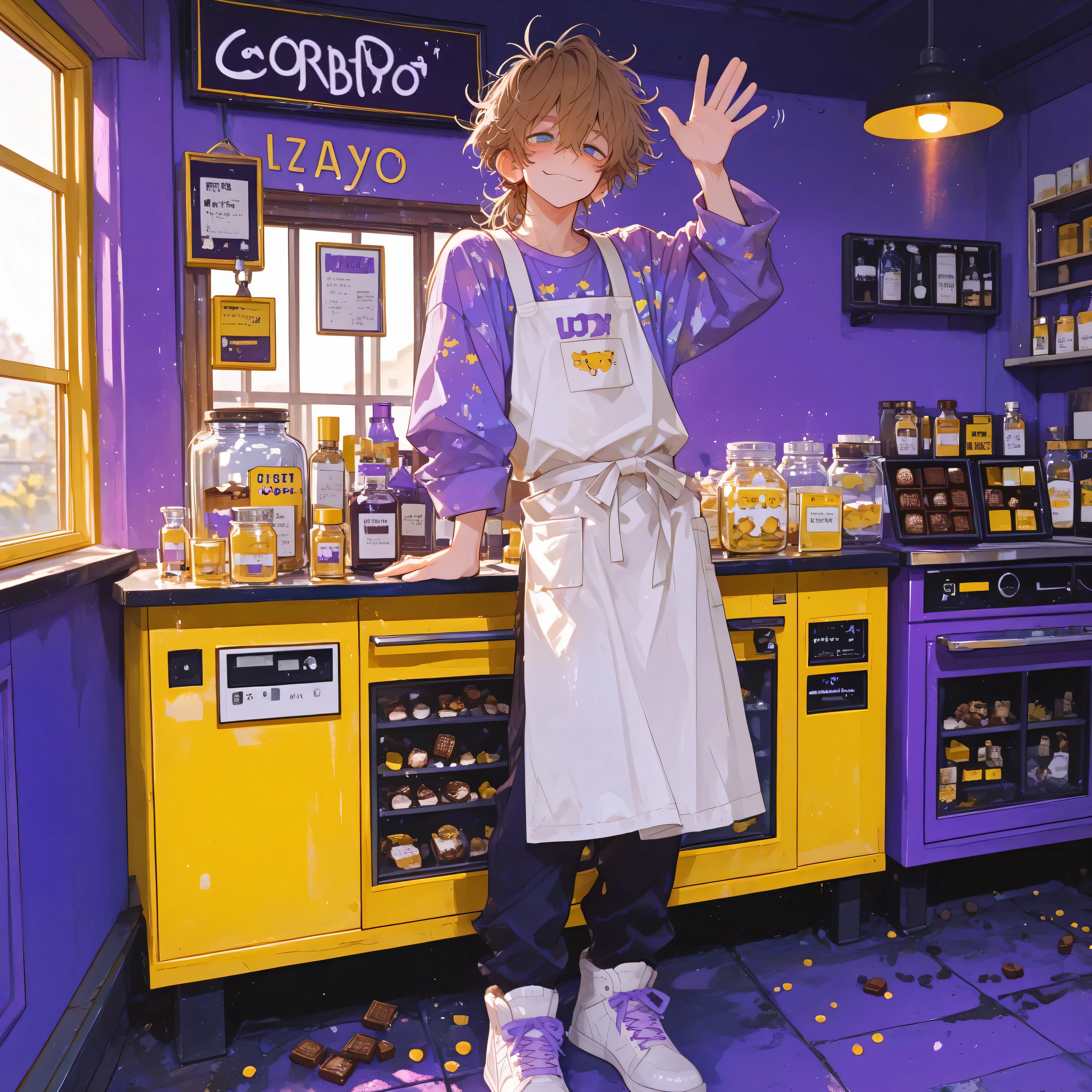 full body, sweets shop background, cozy background, chocolate, taffy, daylight, clean, behind counter, standing, looking at viewer, waving, slightly smile, 1boy, femboy, solo, light skin, eyebags, brown hair, messy hair, ((blue eyes)), (white apron), dark slacks, (yellow and purple color block shirt), white sneakers, kawaii fashion, (((detailed eyes,))) masterpiece, best quality, cinematic lighting, highly detailed, details, ultra quality, HDR, 8k, lazypos, amazing composition,