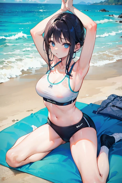 ((Top Quality)), ((Masterpiece)), ((Detail)), Perfect face, Perfact bodty, sitting on the beach, listening to music, wearing headphones, wearing swimsuits, swimsuits are transparent, legs open Sitting wide open, wearing tight clothing (yes, buttocks and breasts are exposed). I see a face