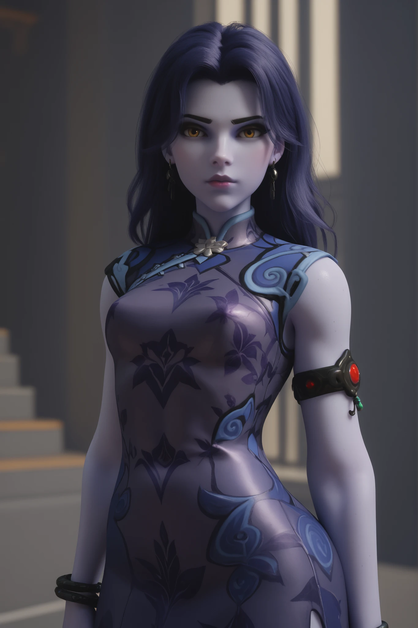 Masterpiece, high-res, 2k, best quality, 3d,  1girl , widowblacklily, widowmaker (overwatch), waist up, (((hair down))), (((long hair)))