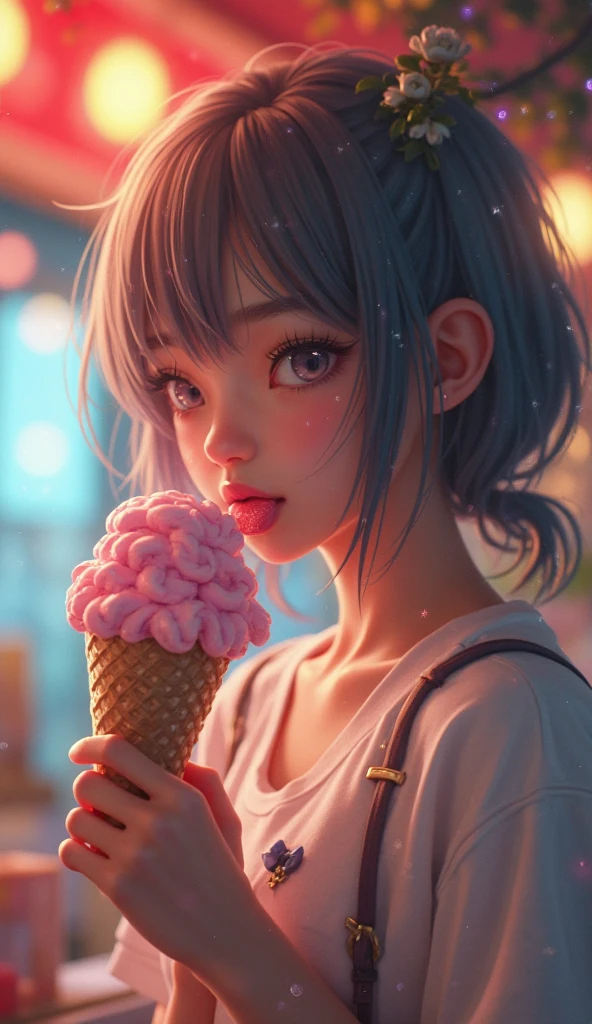 A realistic woman sucking and licking a delirious ice cream, with her tongue licking in front of an 8K camera --auto --s2