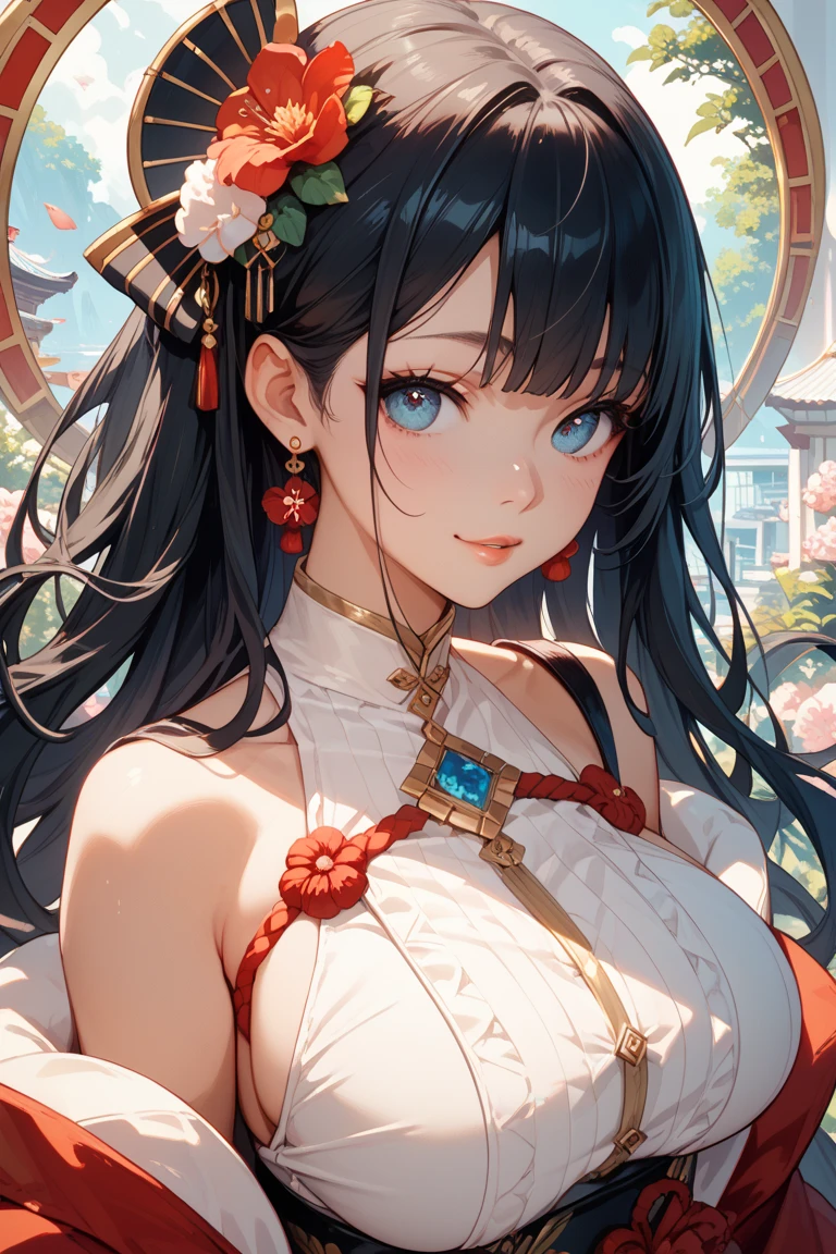 (Highest quality, 8k, 32K, masterpiece, Ultra-high resolution,:1.2),to be born, One Girl,So cute , Japanese Castle, A fantasy background reminiscent of an electronic world, clear, Shining Eyes, Age 25 ,Fair skin, Black Hair Girl, kimono, Long Hair, An innocent smile, Blue Eyed Queen, Pierced ears sparkle, An elegant necklace adorns her slender neck., Rings and bracelets decorate the fingers. expensive_Big Breasts, Big Breasts, Japanese Castle下町