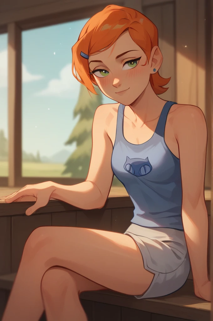 masterpiece, best quality, Gwendolyn_Tennyson, 1girl, solo, white pants, long sleeves , sitting, campfire, warm lighting , hand on own face , annoyed, head tilt, looking to the side, big breasts, grin, lifted shirt, nipples, pussy,