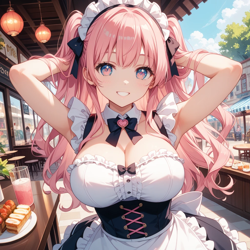 nsfw,(illustration,official art,hentai game cg,highres,soft focus,transparent skin:1.4),(1girl,pink hair,twintails:1.4),(loli,innocent girl,chestity,12yo:1.8),(undersized tight narrow short skimpy (micro bikini maid uniform:1.2),(frilled apron:1.4):1.6),(beautiful detailed oversized huge gigantic thick natural round boobs:1.8),(oversized protuberant extruded bulged raised puffy thick cleavage:1.4),(loving evil smile:1.4),(outdoors,in (gorgeous luxury vip cafe:1.2),hot summer:1.4),(sweaty,beach:1.2)