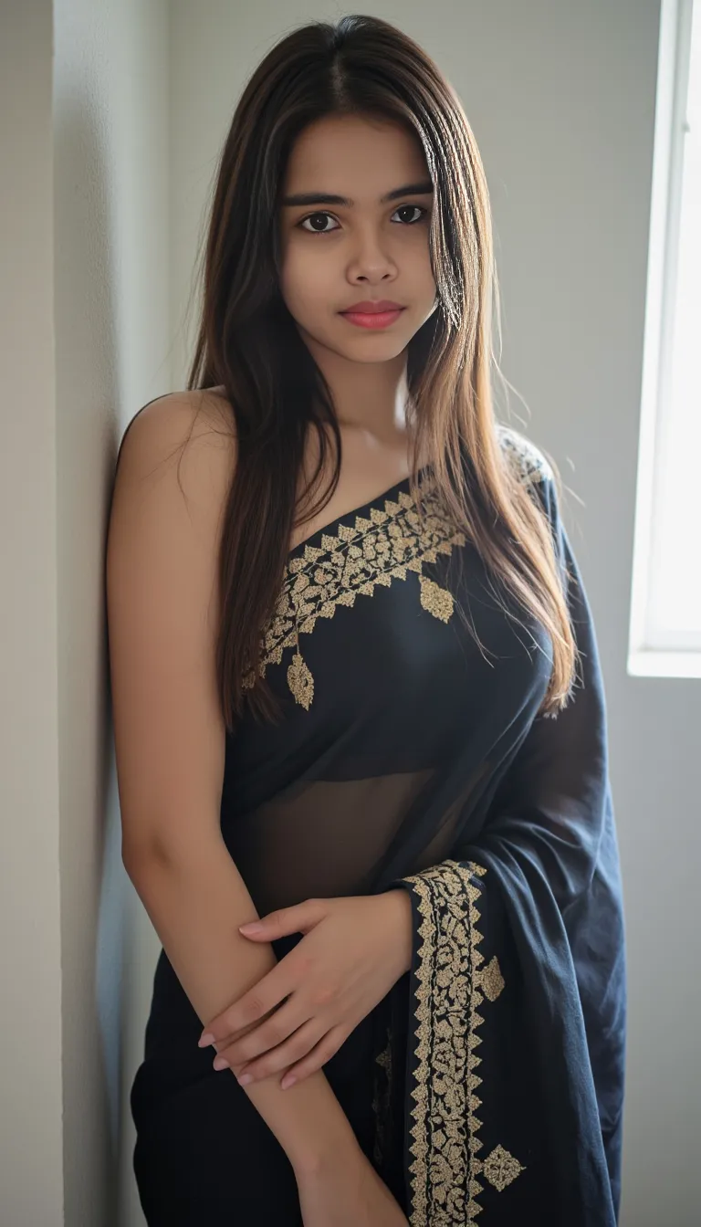 brown-skinned woman in her twenties, with a round face and stunning black eyes, radiating joy and wearing a vibrant saree.