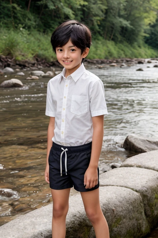((masterpiece), (best quality), (raw photo), (photorealistic:1.4), Highly realistic photo, Portrait of a boy 6 year old Vietnamese, ((checkerboard shirt)), ((black hair)), The light from above shines down, background in forest, photo taken in 1975 by Fujifilm XT3