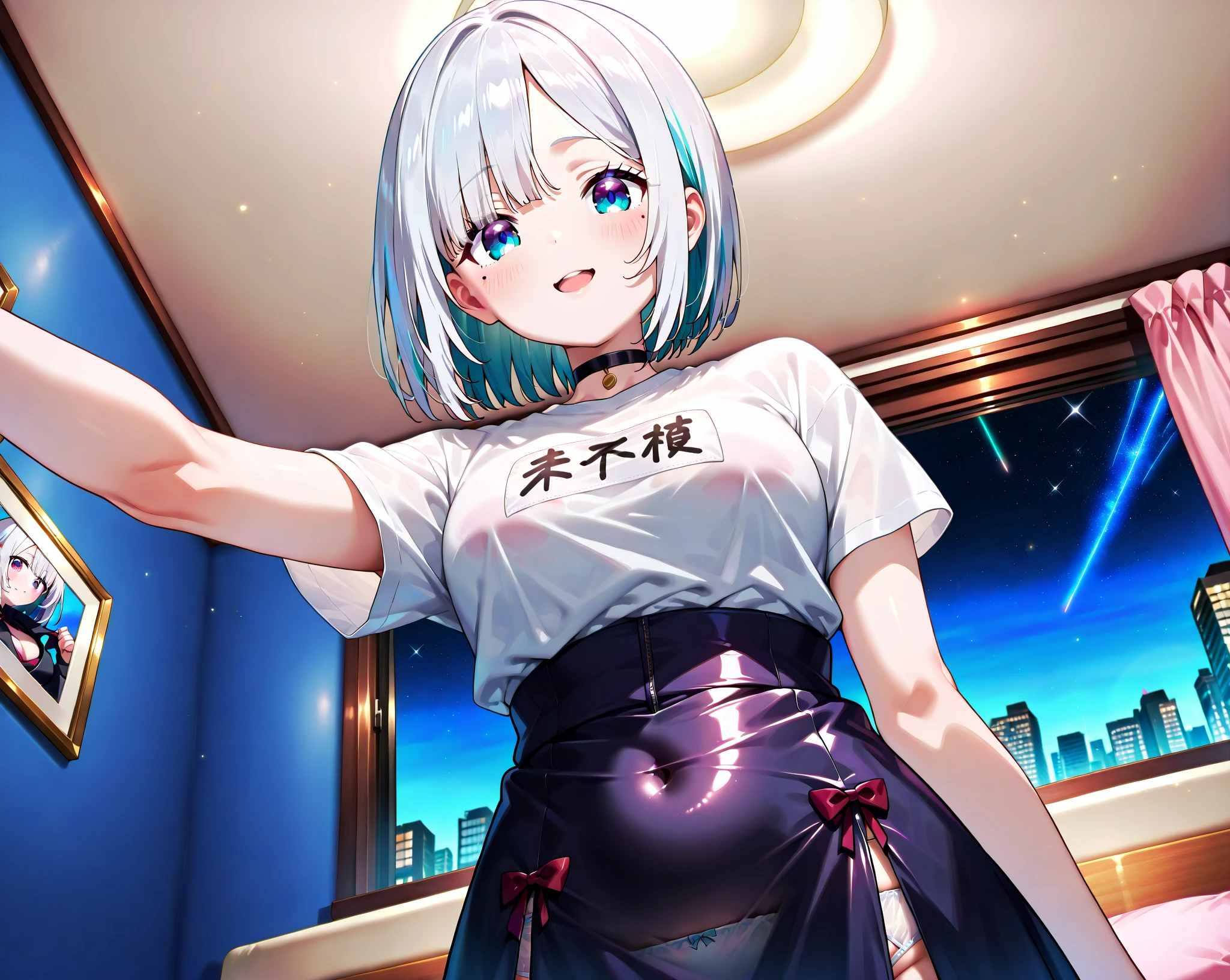 masterpiece, best quality, very aesthetic, absurdres, 1girl, mature_lady,,uzaki_hana, uzaki-chan_wa_asobitai!, grey_hair, short_hair, blue_eyes, fang, bracelet, jewelry, nail_polish, pink_nails, blue_skirt, blue_sleeves, miniskirt, pantyhose, black_pantyhose, raglan_sleeves, shirt, white_shirt with red printed,cityscape, leaf, moon, night, night_sky, outdoors, sky, skyscraper,,,floating_clothes,