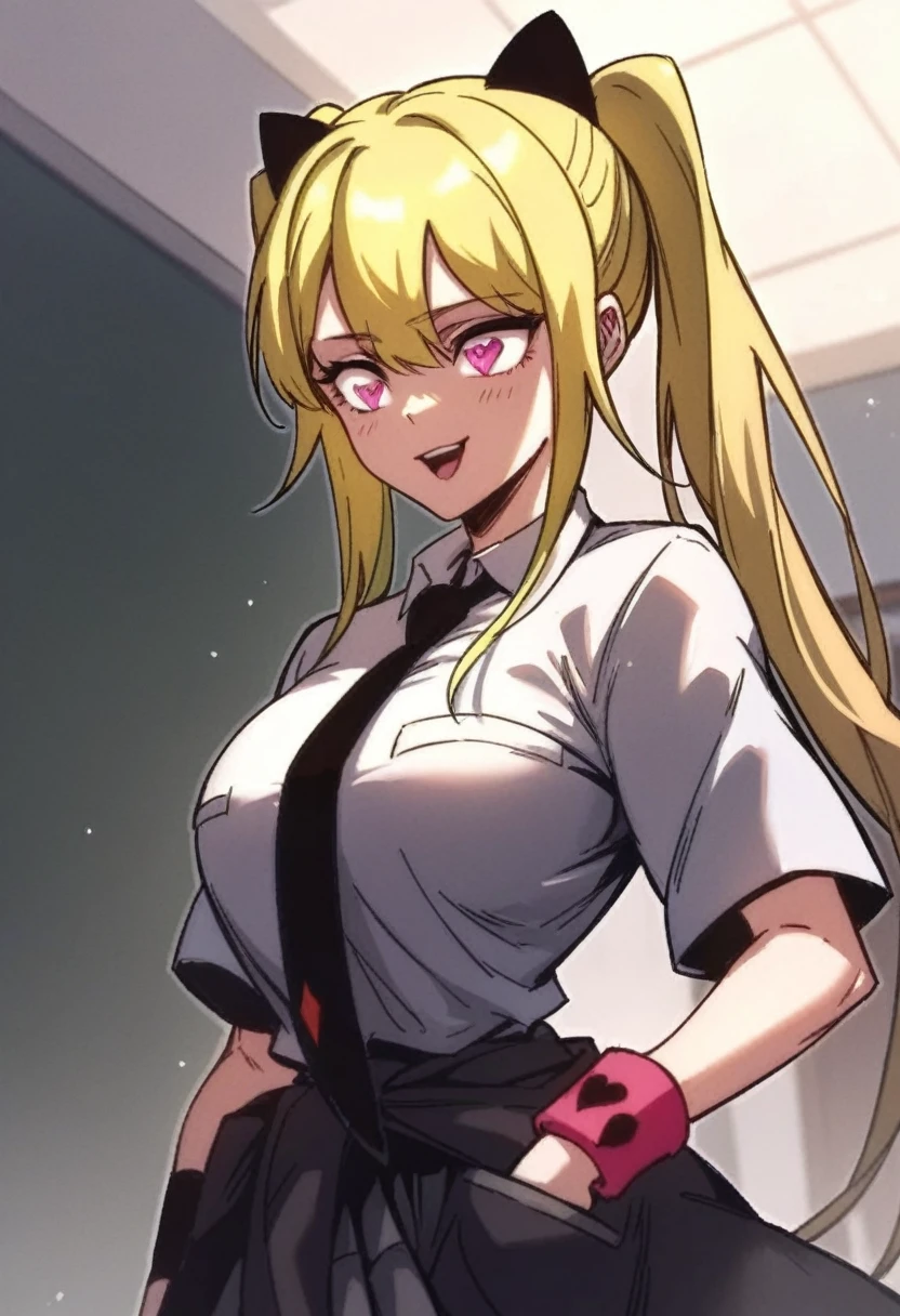 (high quality) female naruto, big breasts, big hip, sexy pose, long blonde twintails, , unbuttoned white blouse, red pleated miniskirt, mischievous smile
