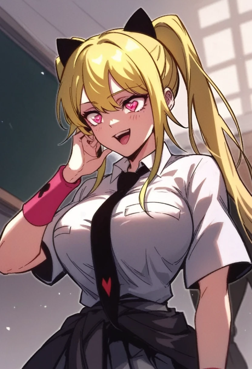score_9, score_8_up, score_7_up, source_anime, BREAK, (((yew))), , 1girl, blonde hair, tan skin, brown eyes, gyaru, blouse, pleated skirt, cleavage, large breasts, curvy, thicc, thick thighs, v signs, smile
