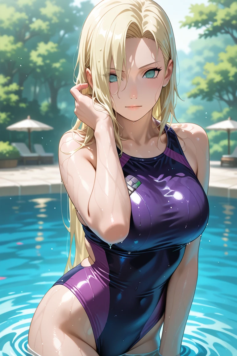((masterpiece)), ((best quality)), ((highest quality)), ((ultra-detailed)), ((8k cg wallpaper)), ((extremely delicate and beautiful)), ((illustration)), (high resolution), ultra-detailed, nice hands, perfect hands,Yamanaka Ino, blonde hair, long hair, hair over one eye, blue eyes, beautiful eyes, large breasts,breasts "a woman in a swimsuit in the pool", a woman in a swimsuit in the pool, 1girl, solo, breasts, long hair, swimsuits, monokini swimsuits, black swimsuits, pool in the background, smile,water, blue sky, cinematic lighting, looking at viewer, more prism, vibrant color,