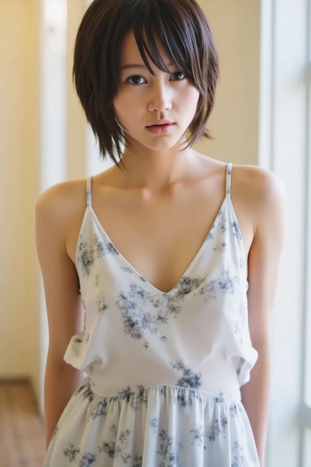 ((Top Quality, 8k, Masterpiece: 1.3)), 1 Woman, Slender Swimsuit Highlighted Beautiful Girl: 1.3, (Short Hairstyle, Big: 1.2), Plain Clothes: 1.2, Indoors, Ultra Detailed Face, Detailed Eyes, Double Eyelids
