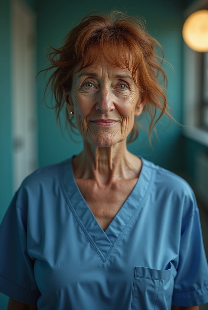 Beautiful woman, cute,sexy, 55 years old, sexy, old woman, freckles on face, freckly chest, Big saggy long droopy mature Breasts:1.5, nurses uniform, buttons undone, nurse hat, Curly copper colored hair bunches, loop earrings, cute hair, Rosey cheeks, hospital patients private room, kneeling on a bed, other patient in bed topless