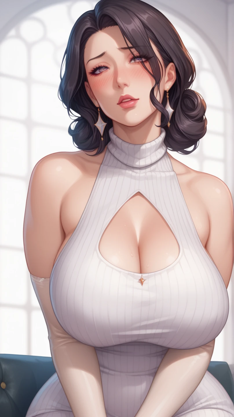 Hot sexy beautiful one women standing on building and gazing down on destroyed area, long silver chandelier earrings,big breasts, ,black hair , hair bun,blush,blue eyes, smiling,red lipstick, white coat, black shirt, long sleeves