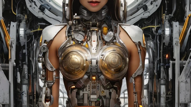 1mechanical girl,((ultra realistic details)), portrait, global illumination, shadows, octane render, 8k, ultra sharp,metal,intricate, ornaments detailed, cold colors, egypician detail, highly intricate details, realistic light, trending on cgsociety, glowing eyes, facing the camera, neon details, mechanical limbs, mechanical vertebra attaching to back,mechanical cervial attaching to neck,sitting,wires and cables connecting to head, gigantic breasts, cleavage, bursting breasts, brunette hair, wide angle, huge ass, worm monster with a lot of teeth swallowing woman's head, abstract art, pixel art
