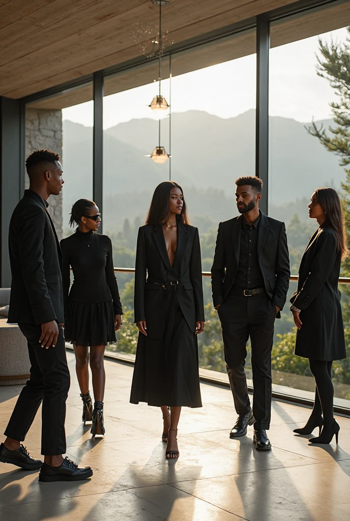 Average group of men and women in red and black or white and black, or beige and red business attire standing in front of a downtown office building