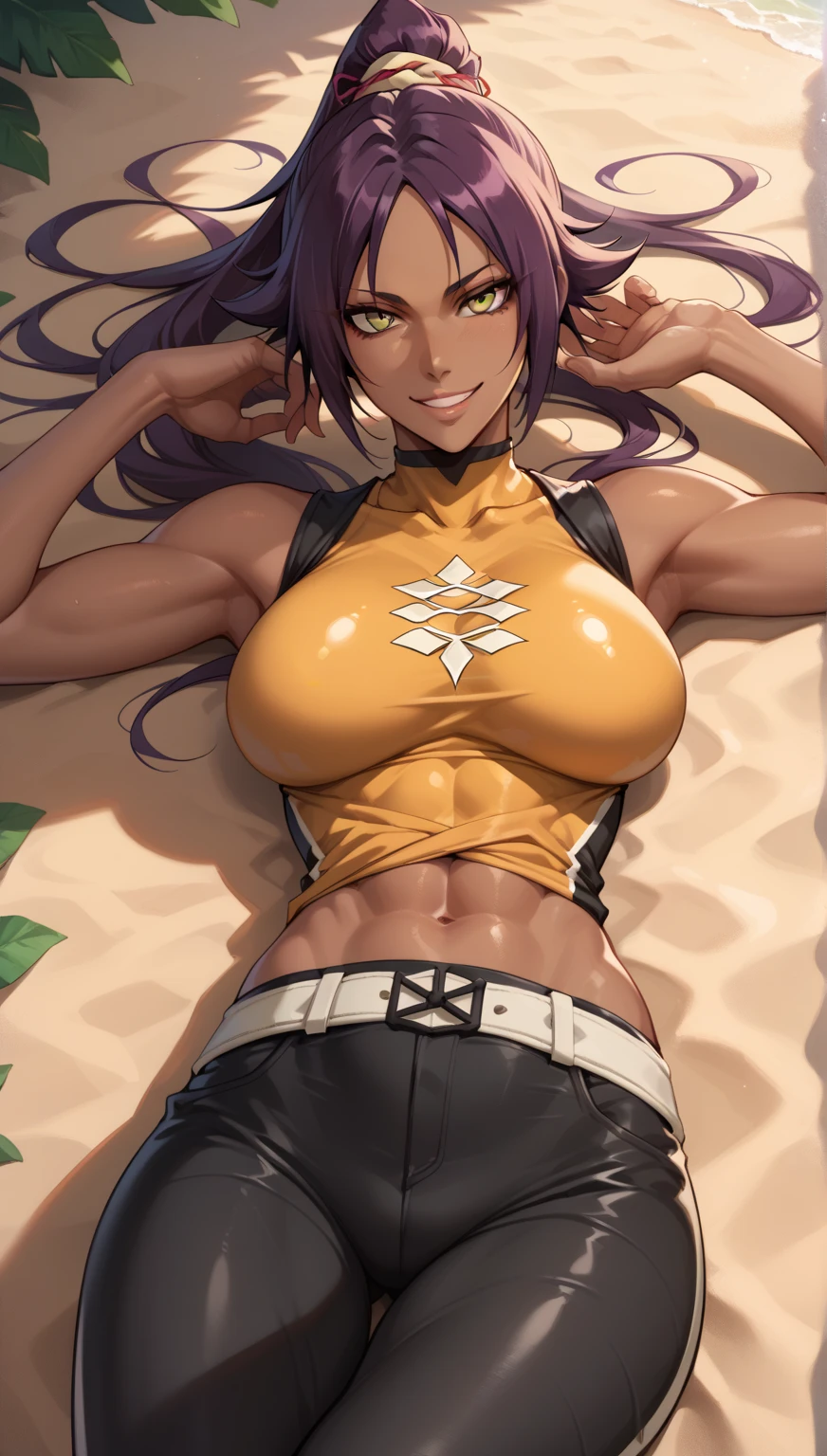 absurdres, high res, ultrasharp, 8K, {masterpiece}, expressive eyes, extremely detailed, best quality, perfect face, yoruichi shihouin, long hair, (yellow eyes:1.5), ponytail, purple hair, dark skin, dark-skinned female, large breasts, pleased, beach, monokini, sitting,