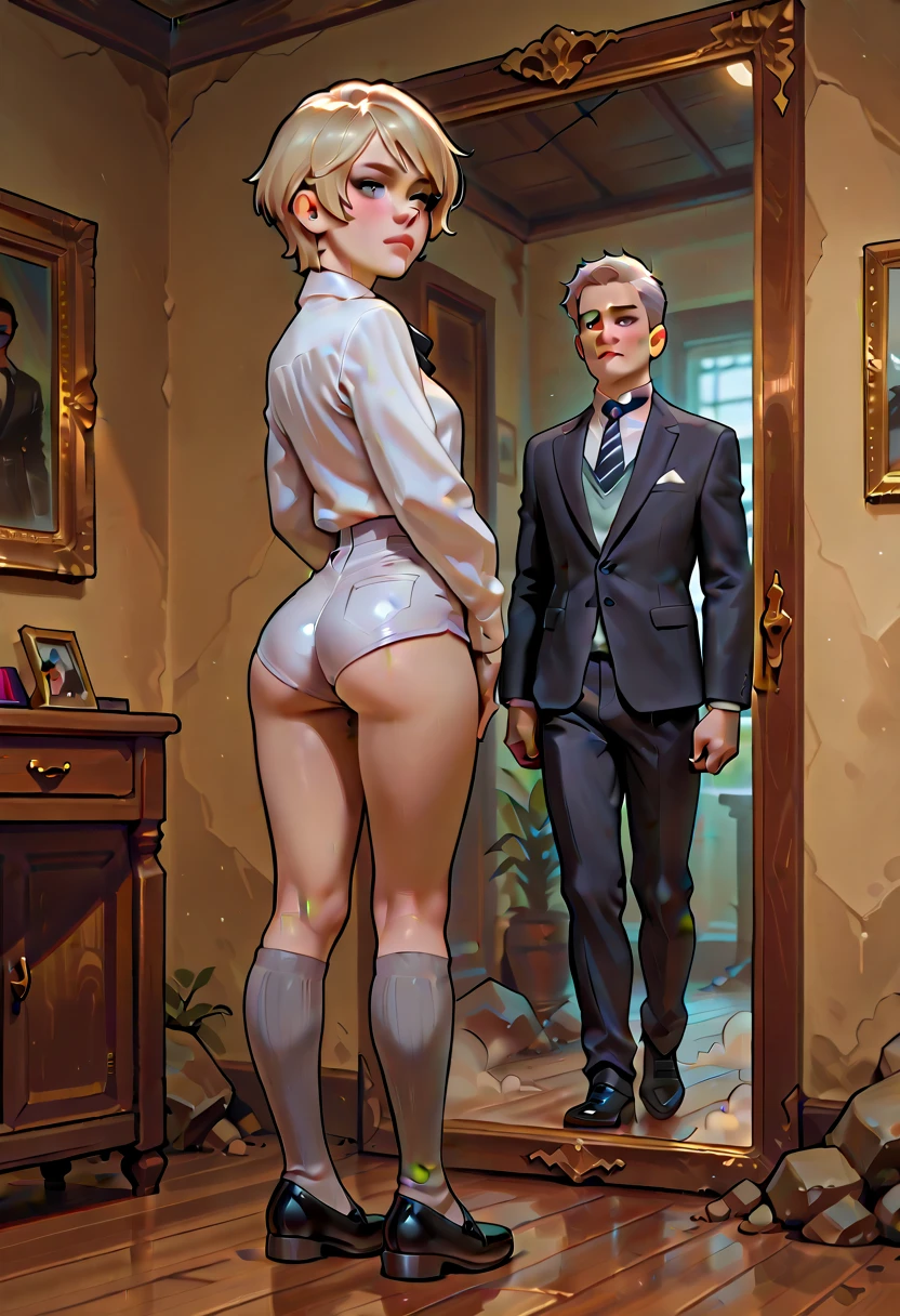 8k, Hyperrealistic body photo of big butt woman pale pink skin face Margot Robbie being hugged from behind by a 90 year old man wearing glasses in a suit. Mulher com vestido lindo