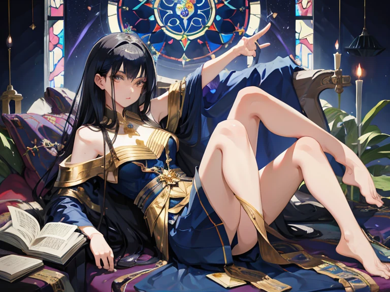 whole body, earring, medium hair, medium tits, tearful mole, dress, off-shoulder, bare collarbone, a beautiful fortune teller, ornate tarot cards, candlelit room, flowing robes,