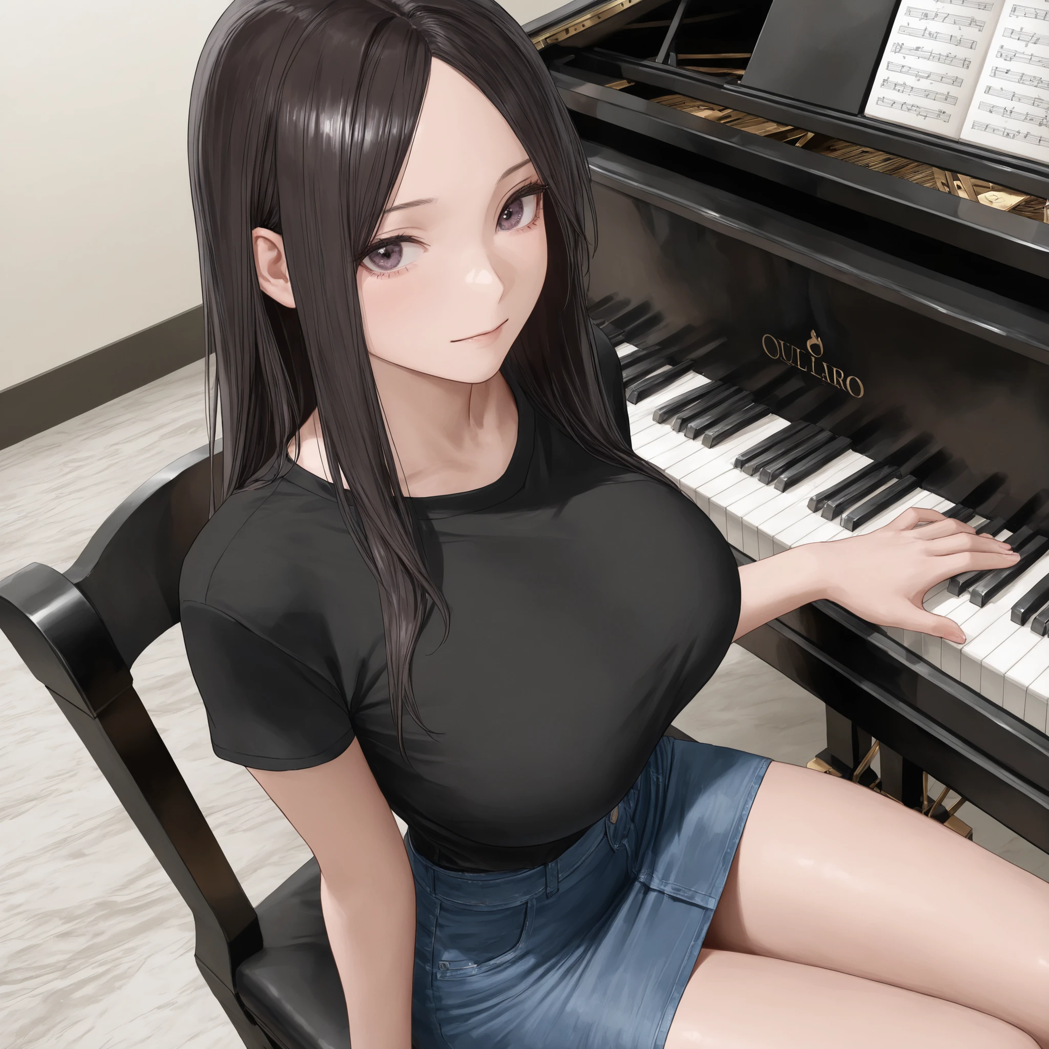 Masterpiece, (((solo))), top quality, ultra high definition, semi-realistic, realistic hair, soft details, realistic eyes, girl, parted bangs, Big breasts, thin waist, too long denim skirt, looking at the viewer, vocal trainer, very narrow room, digital piano, sit, close up