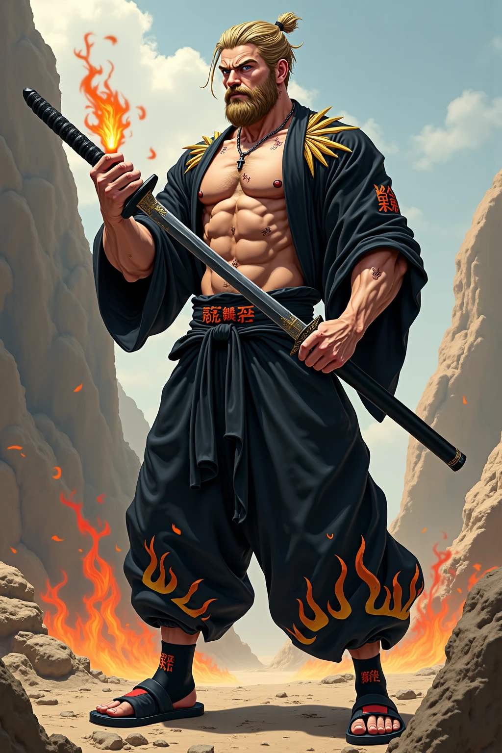 Burly character, 1.85 Height, egocentric look, dark hair, short hair, tanned skin, a sword with a chain, ninja mask, ninja clothes, Baggy pants.Scars on the face, Egocentric look, medieval world, ruined castle and fire background
