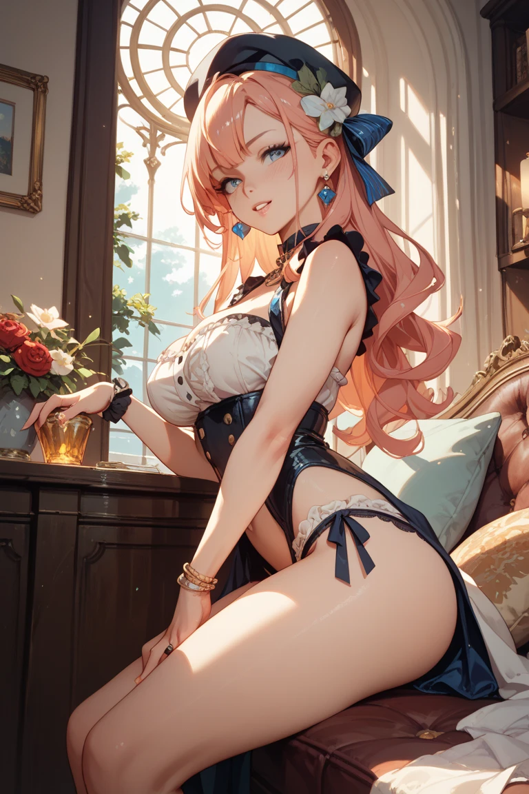 （Enrich the picture，Masterpiece level quality）Beautiful 8K CG artwork，Goddess-like posture，Kneeling exercise，Slim and soft，Translucent skin，Red hair、The beauty of extra-long hair, Super Long Straight Hair，The skin is fair and juicy，Big JK Uniform，Perspective Part 1.2x enhanced silhouette effect，Exquisite transparent blues pattern in pajamas，The details are intricate and exquisite，The background is slightly blurred，Charming and lustful leg seduction，Drool，Extra-large big breasts，Blush，