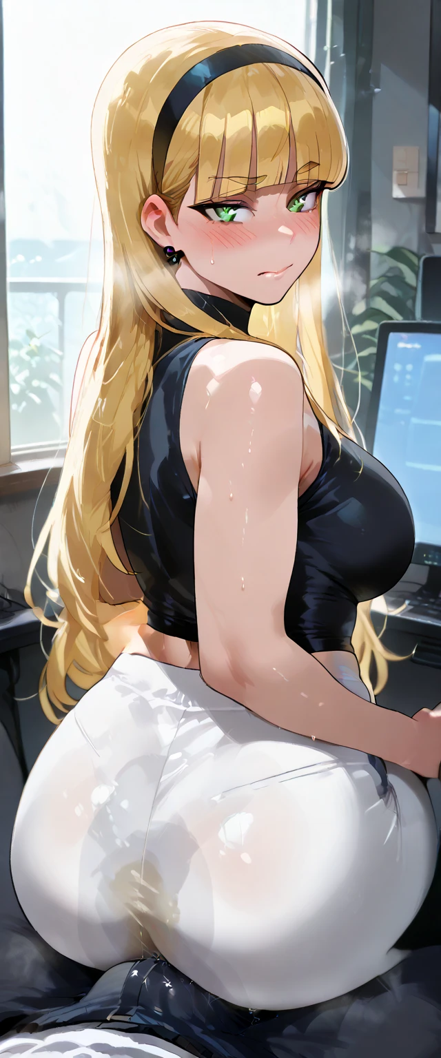 sensual, long blonde hair, thick thighs, 8k, 4k, highest quality, High resolution:1.2), cute anime face, noise reduction, shining blue eyes, gentle smile, kind eyes、toned abdominal muscles, muscular arms, muscular legs, young face, anime eyes, (((big breasts、A chest that is about to burst)))、(((bondage style)))、(((Rear view、I'll turn around、emphasize the buttocks、T-back that digs into your butt)))