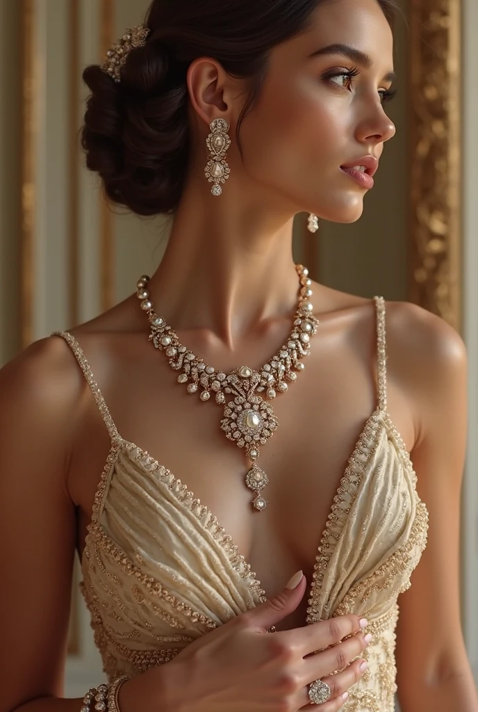 (4k, best quality, highres:1.1), (realistic, photo-realistic:1.1), 1girl, beautiful face, (pale skin, extremely fine complexion:1.5), parted lips, nose, detailed eyes, eyelashes, (dress, evening gown), rounded eyebrow, breasts out, upper body, red lips, large breasts, (looking at viewer:1.5), Buckingham Palace, indoors, bokeh, bed, luxury, gorgeous, queen, flawless, famous artwork, cinematic lighting, [narrow waist] , royal, divine, goddess, fantasy, dreamlike, prestige, luxury, jewelry, diamond, gold, pearl, gem, sapphire, ruby, emerald, charming, alluring, seductive, erotic, enchanting, necklace, earrings,<lora:EnglishDollLikeness_v10:0.8>