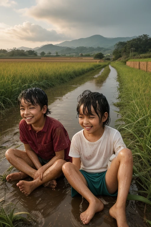two children are swimming in a stream in a field of grass, India with a paddy field, paddy fields and river flowing, kids, children, children's, ???, rice paddies, deep image, swimming, beginner, in water.