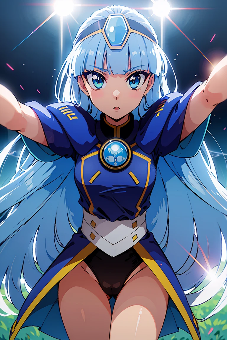Sapha,long white hair, green eyes with star-shaped pupils,dark skin, standing, hands on hips, smiling, upper body,
ice castle, outer space,
(insanely detailed, beautiful detailed face, masterpiece, best quality) <lora:SapphireRhodonite:0.7>
