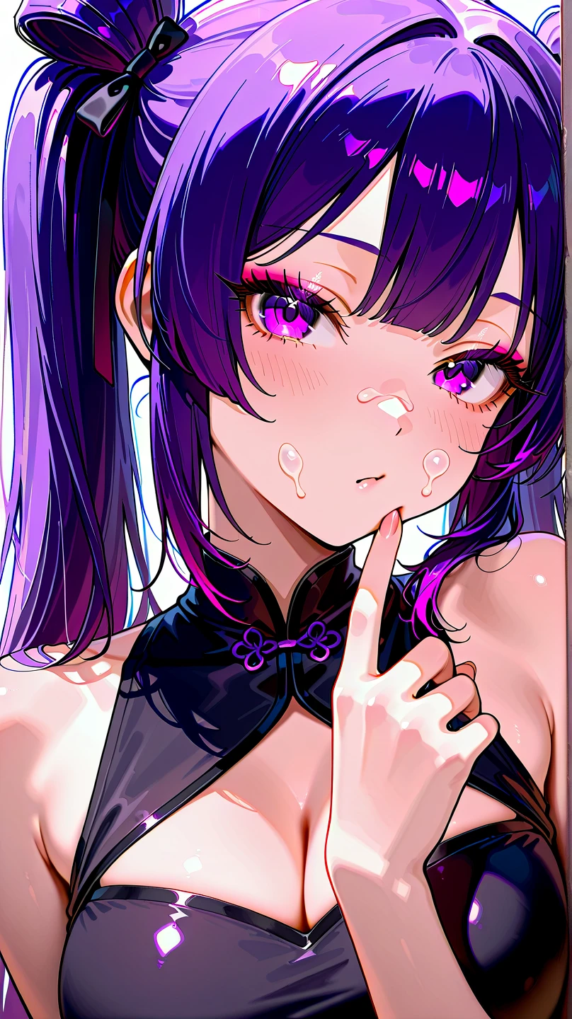 score_9,score_8_up,score_7_up,score_6_up,1girl,solo,tongue,shuten douji \(fate\),purple eyes,tongue out,bangs,looking at viewer,makeup,black nails,short hair,purple hair,fang,portrait,nail polish,bob cut,eyeliner,close-up,oni horns,yellow background,eyeshadow,eyelashes,short eyebrows,fingernails,blunt bangs,open mouth,finger to mouth,thick eyebrows,