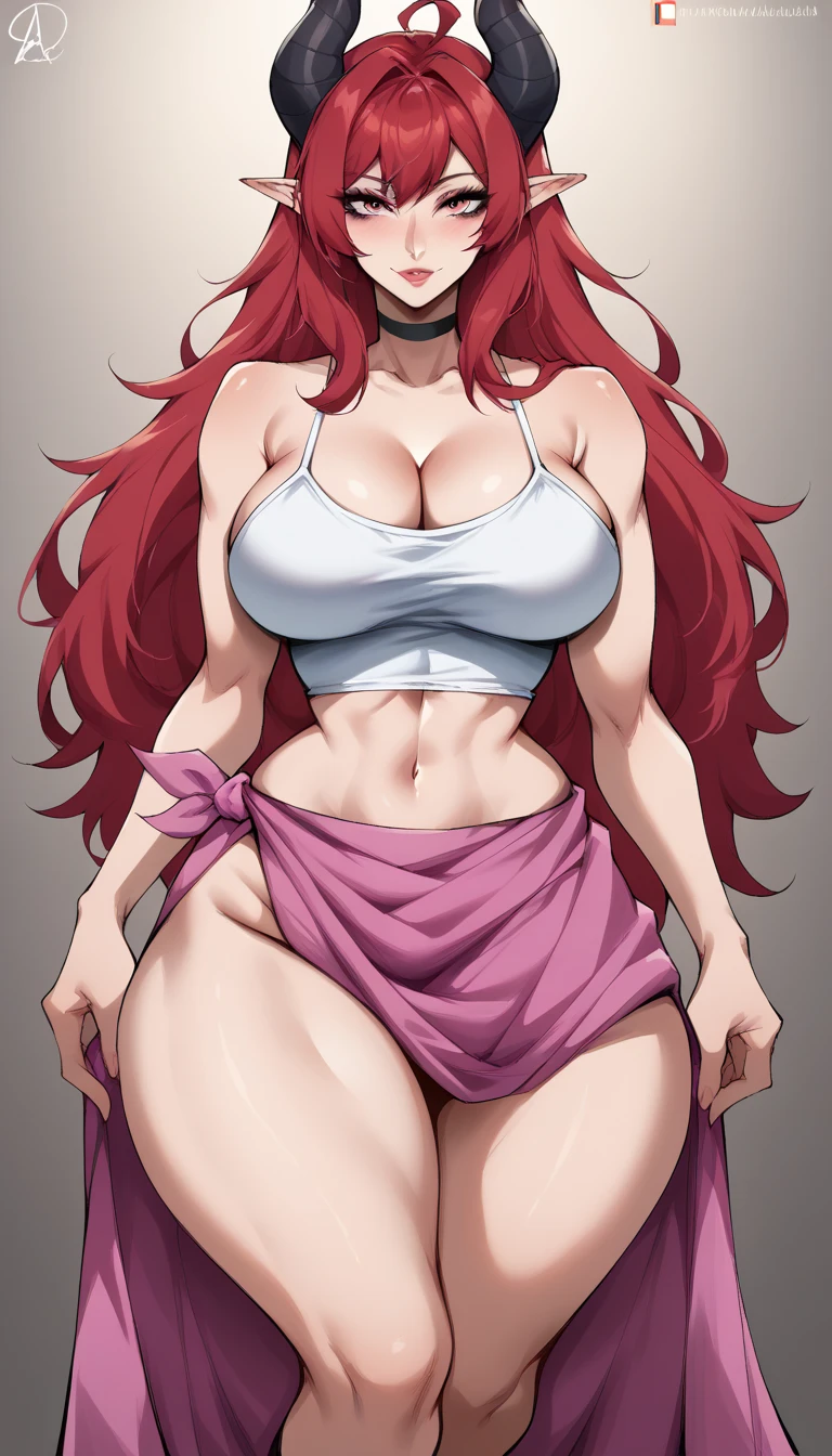(masterpiece, hiquality: 1.1) 1girl full body standing good face, nice ass, hairstyle: braid, Color Hair: White long hair, Blindfolded: NO EYES, Skin: White (porcelain skin, sparkly skin), muscular, thights, mature woman, abs, looks at the viewer smiling, extremely huge breasts, maternal, chest cover with clothes