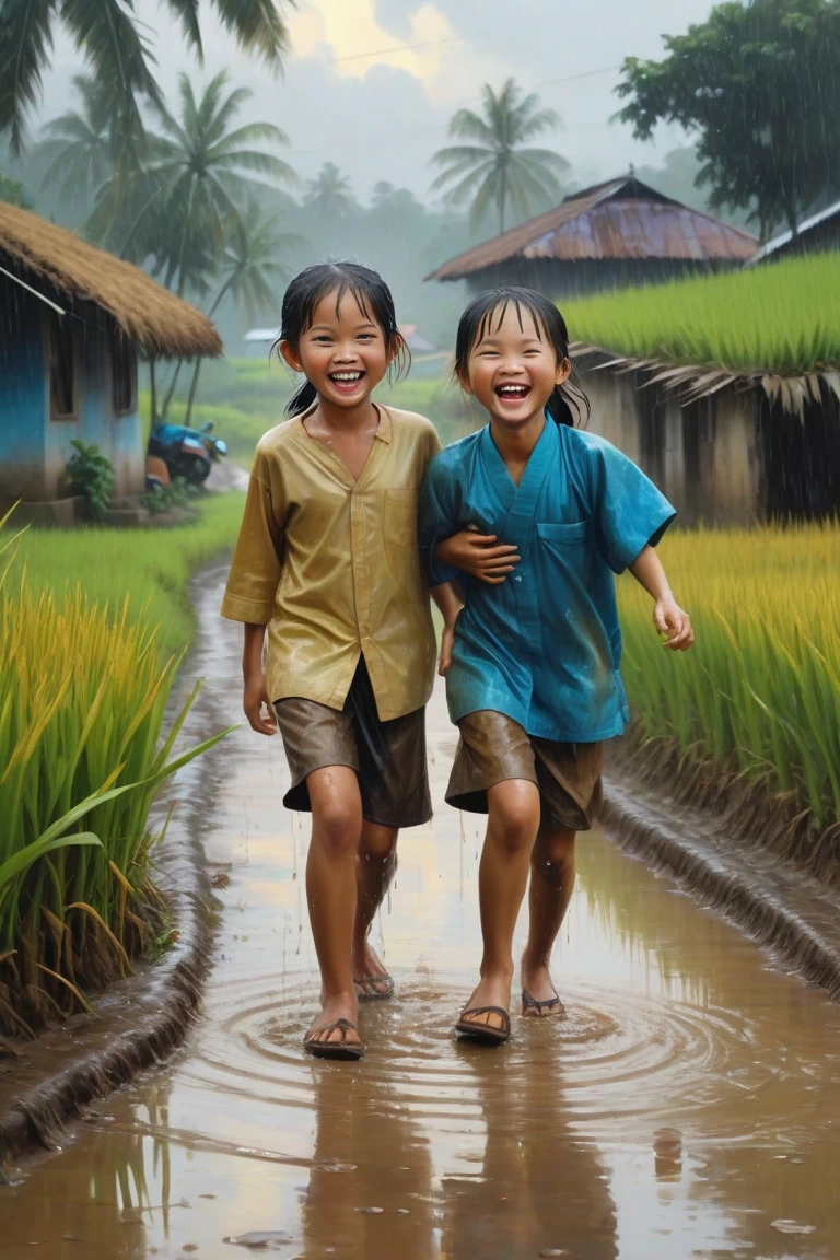 Two boys playing and splashing mud with their hand to each other in the village