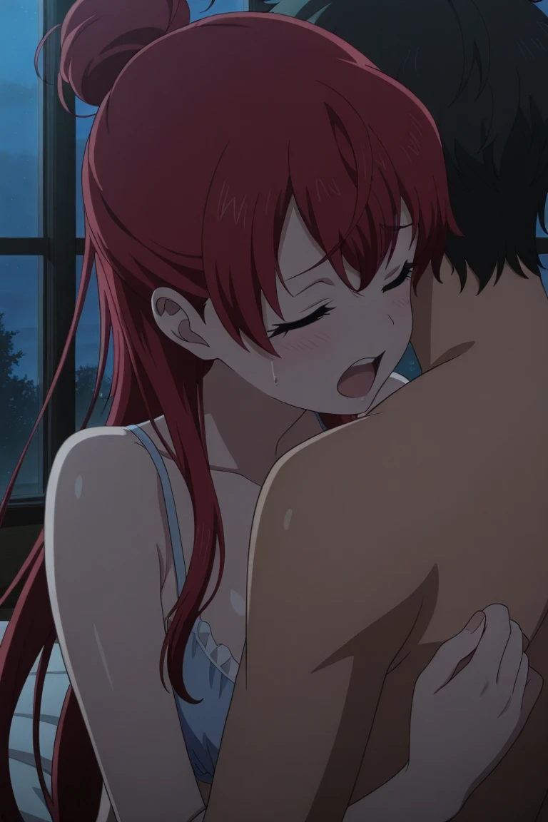 Red hair,wide hips,fully naked, massive hips,very wet body, bathroom, showering, glass walls, big cleavage,very nsfw,Igawa_Asagi, hugged by black a man(faceless),has a big cock,kissing, touching each other.