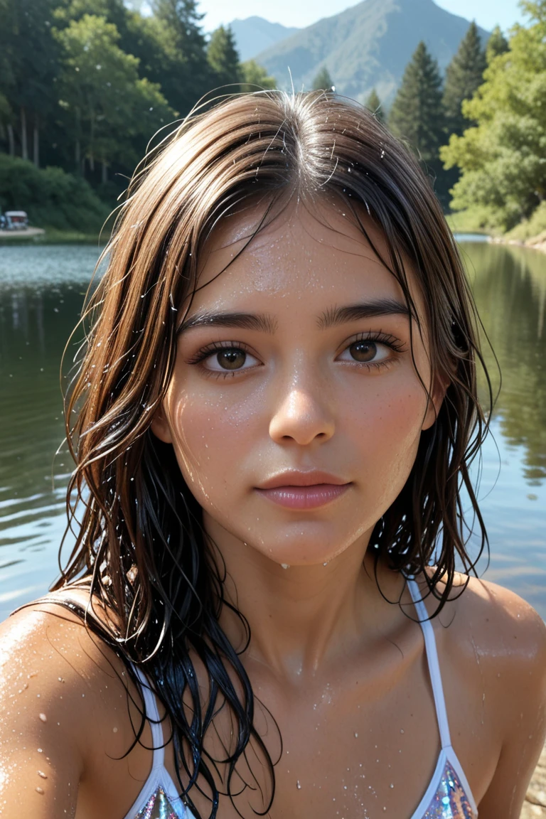 light brown, hair thick eye brows, fake eyelashes, brown eyes, close up of girl swimming nude in a pond on sunny day