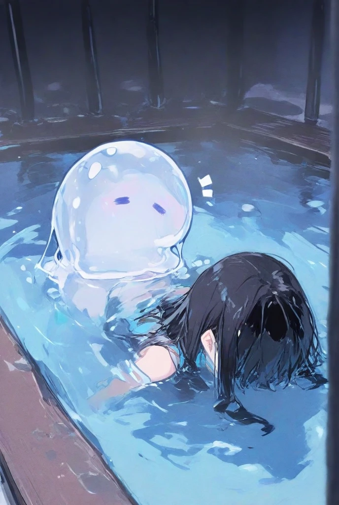 A 10-year-old girl is in a place the size of 9 by 8 metres. She is inside a pool the size of 5 by 5 metres. She is swimming in it and she is not wearing a shirt, just underpants. Her hair is white and she is afraid. Saliva comes out of her mouth while she is swimming. The picture is from the perspective of a person at the top.