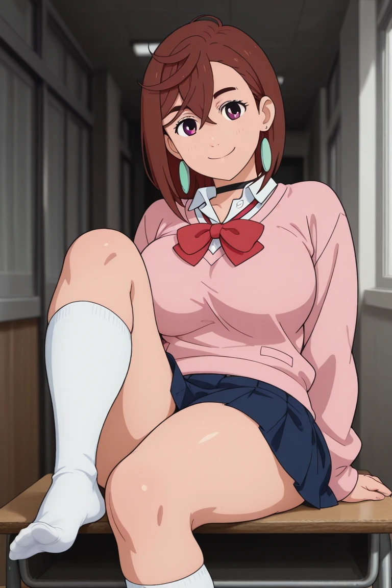 on back, standing, wood chair , Over low Shot, looking up, contrapposto, dynamic pose, cinematic lighting, nighttime , Cattle farm, daytime , 
1girl, Uraraka Ochako, thick_eyebrows blush_stickers, brown_hair, brown_eyes, short_hair, sideburns, shiny hair, medium breasts, skindentation +++ v-shaped_eyebrows, :o , , clear iridescence gingham check collared shirt aqua checked skirt, drawers  pantyhose full brogue, extremely quality extremely detailed, illustration, cute anime face, spread legs, upskirt view, pink striped panties, panties under pantyhose, skirt lift, saliva from mouth, under view, cameltoe, front view 