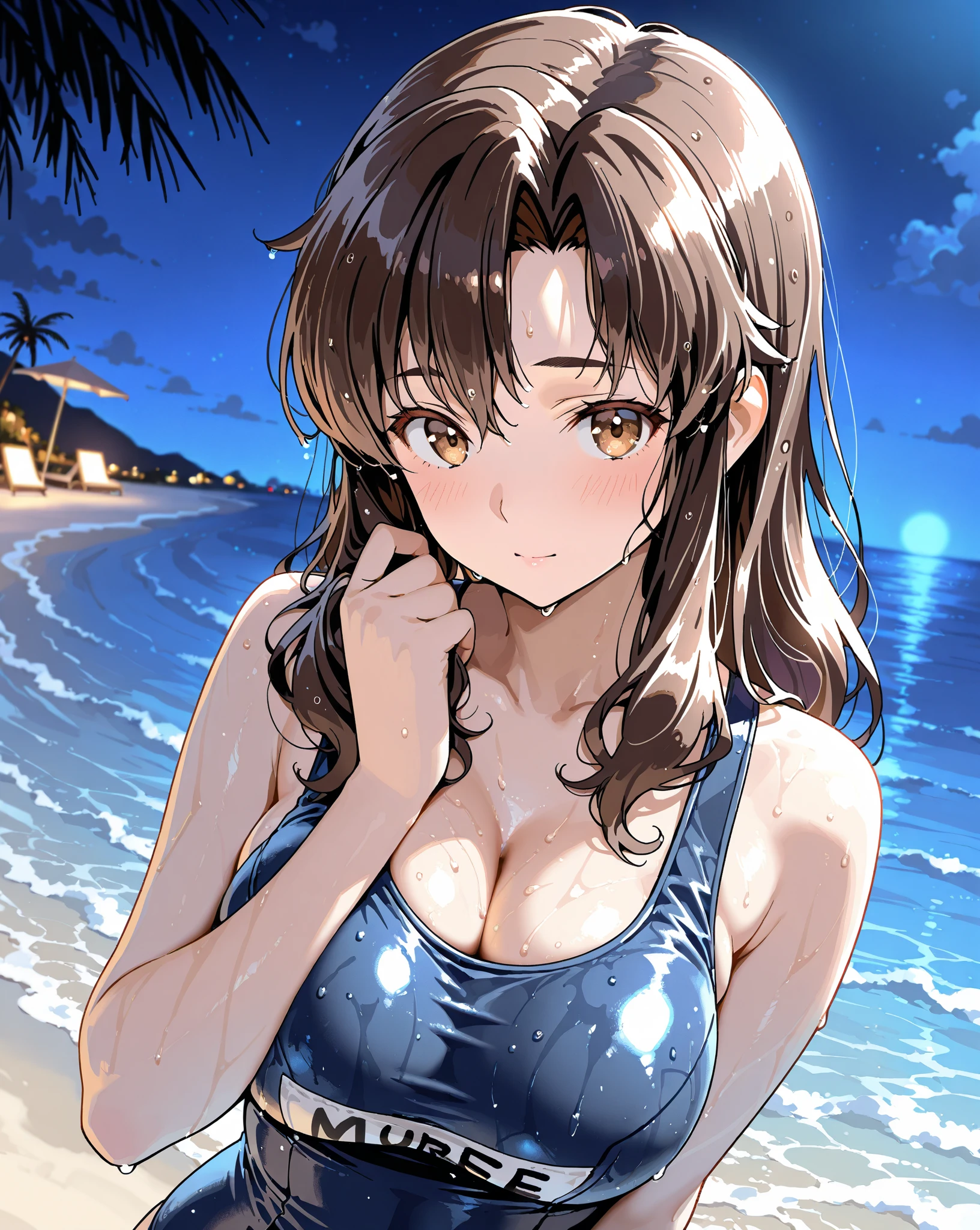 Yunyun, 1girl, solo, portrait, big breasts, looking at viewer, crown braid, ((pink plaid one piece bikini)), smile, happy, playing, (((ocean waves splashing))), perfect quality, good quality, masterpiece, HDR, UHD 