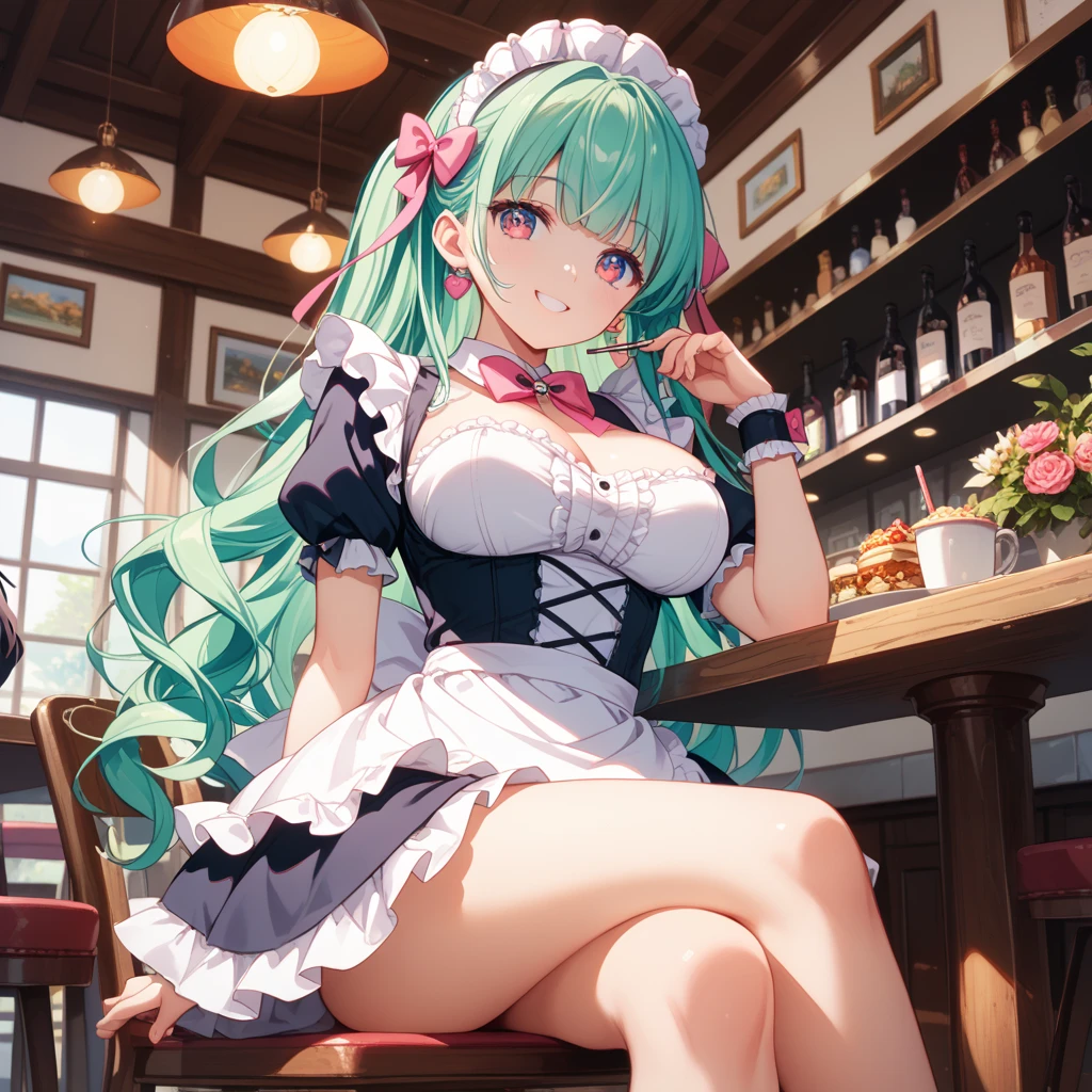 1girl,breasts,solo,green eyes,apron,maid headdress,maid,cleavage,long hair,short sleeves,tray,aqua hair,looking at viewer,puffy short sleeves,holding,white apron,bangs,blush,wrist cuffs,holding tray,black dress,white thighhighs,ahoge,medium breasts,parted lips,large breasts,one side up,detached collar,braid,:o,food,ribbon,