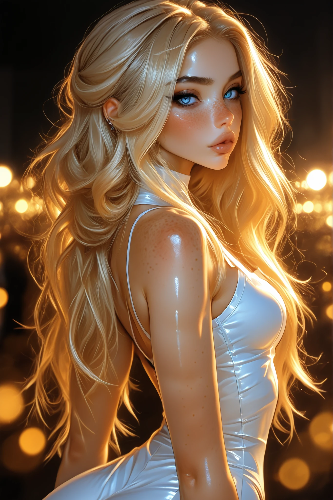 (full body shot:1.3), photo taken from the side behind, (extremely intricate:1.3), (photorealistic:1.4), hyper-detailed sheer lingery, (sensual pose), (lewd face), sexy lips, waifu, small breasts, flat chest, shyness, thighgap, beautifull, cute, pretty, perfectly proportion body, perfect framing, sharp blue eyes, supermodel face, detailed face, pale white skin, [[freckles skin]], (((white wavy hair))), cover art, moody,  zoom out, depth of field, art station, (luminism), (((cinematic lighting))), orange and teal, soft light, [summer weather: sunset weather:2.5] 4k resolution, octane render,