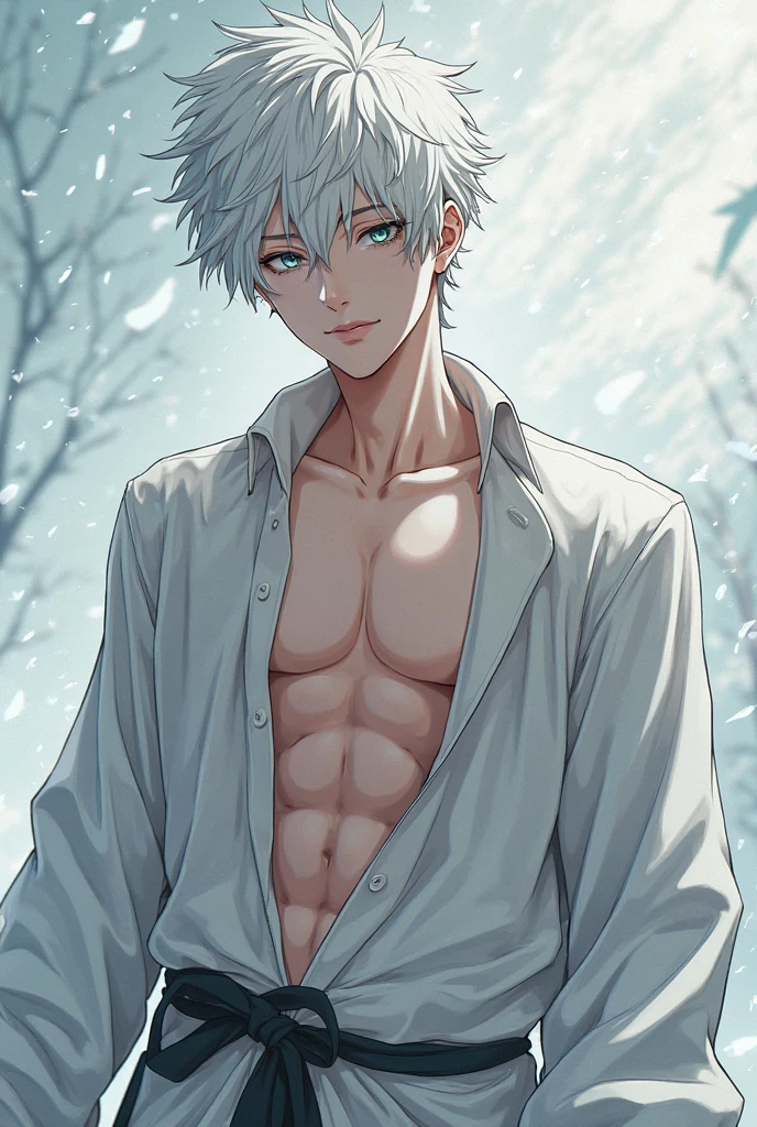 Boy with slim muscular build blue sweatshirt without sleeves snow print wolf ears bluish white hair white pants black leather belt Alaskan background