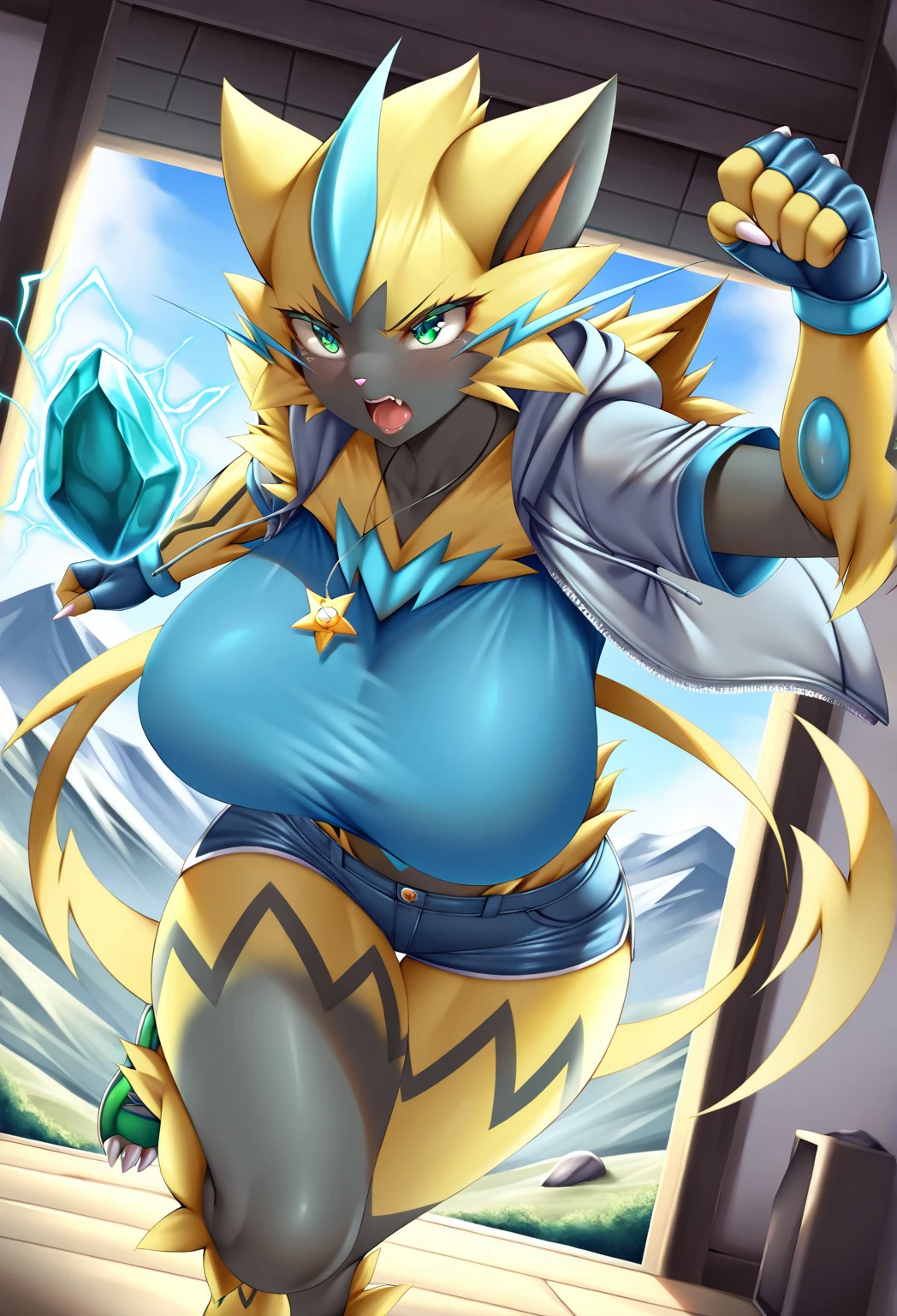 By zinfyu,by twistedscarlet60, uploaded on pixiv, by fluff-kevlar, (masterpiece), (best quality), (solo female:1.2), (extremely detailed:1.3),(detailed eye, blue eye), zeraora, squeezing her breast