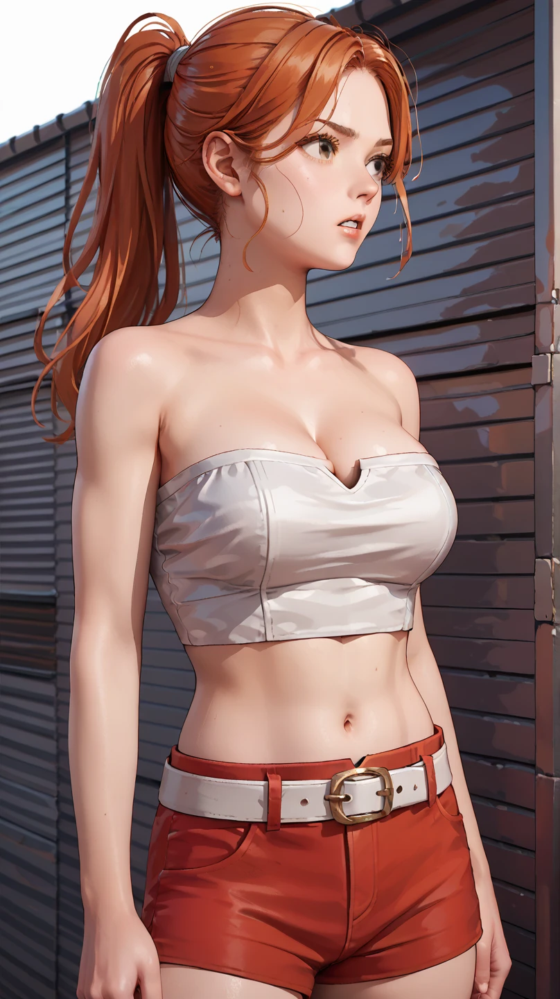 （（（完美figure，figure，solo， （（（collarbone, chest sarashi, bandage, bare arms, midriff, red hakama, red pants ））），（（（fairy tail, long hair, red hair, ponytail, white ribbon, hair over one eye, brown eyes, ））），((masterpiece)),high resolution, ((Best quality at best))，masterpiece，quality，Best quality，（（（ Exquisite facial features，Looking at the audience,There is light in the eyes，(（（lol，confidence））)，））），型figure:1.7））），（（（Light and shadow，Huge breasts））），（（（Looking at the camera，black background，）））