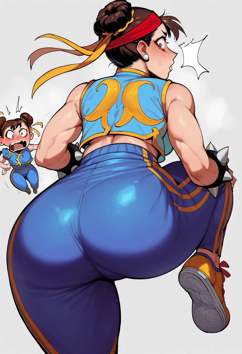 Masterpiece, 4k, highly detailed, CHUN-LI, brown eyes, double bun, yellow ribbon, blue bodysuit, crop top, sleeveless, wide ass, from behind, making out, shocked look, ass grab, thong pull, pulling pants, 2 girls, short brown hair, red headband, pants at ankles, pants feel down, Pink sparkly thong
