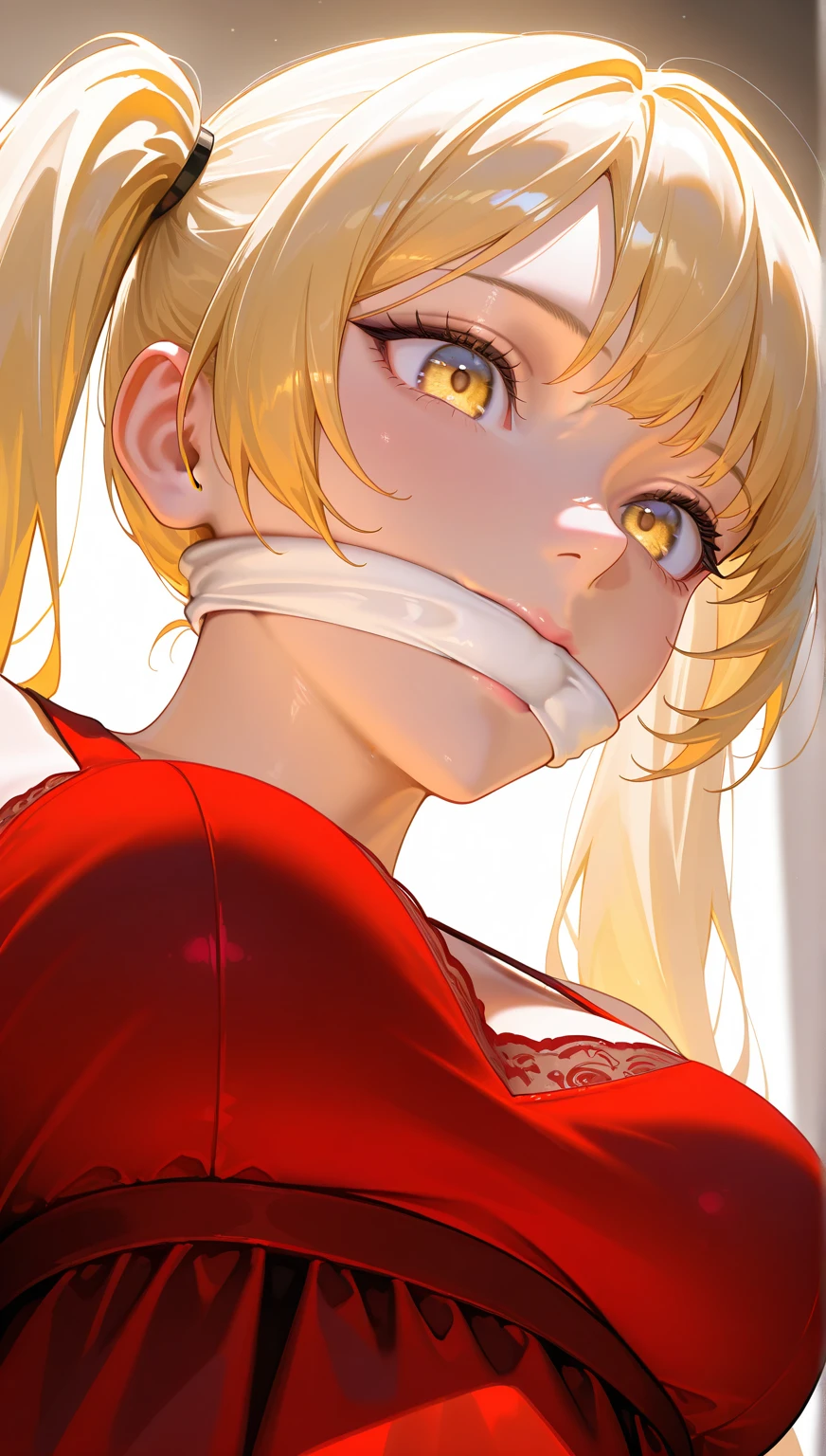 Shiny blond hair, very long hair, sophisticated haircut, ((((hair fully braided)))), ((small twisted braids)), thin and oval face, submissive, (((detailed ball-gagged:1.3))), ((((gagged)))), (((((very translucent red dress:1.7))))), ((((we can see her skin through her translucent dress:1.4)))), cute and blushing 18 years old anime girl, look away because she is embarrassed and blushes, bright blue eyes, detailed face, detailed members, detailed arms, detailed hands, ((((sparkling diamond jewelry)))), tiara, ((makeup)), high heels, puffy sleeves, long gloves, long eyelashes, Girl lying, tied by ropes, shackled, can no longer move, tied tightly, very hard tied up with lots of ropes, hampered by so many ropes that she can no longer move, bound hands and feet, ropes tie his whole body, tied extremely tightly and forcefully to her bed by a lot of ropes, its limbs are strongly tied together by ropes, his torso is tied up with thick cords, her chest is so tied up with ropes that it sticks out, her legs are tied tightly with thick ropes, his hands are tied behind his back with ropes, she can no longer move her feet, her hands which are tied by thick ropes, she desperately tries to free herself, likes to be tied tight with big ropes, likes to be immobilized by big ropes, lying down, his hands and feet are strongly tied to the railing of his bed, his legs are pressed together and tied with ropes, its limbs are held vigorously by imposing ropes, her hands are tied securely behind her back by ropes, her chest is compressed by strong ropes, she is pressed against her bed and restrained by large ropes (shibari, arms behind the back:1.4), (hands on the back), (masterpiece, best quality) 1.5, 1girl, solo, (sexy, beautiful woman, perfect face, perfect eyes, perfect hands), samus aran, (shibari, arms behind the back:1.4), (hands on the back), Spread the legs, s' ((lie in bed by big ropes)), ((close up of the girl)), ((((lie in bed))))