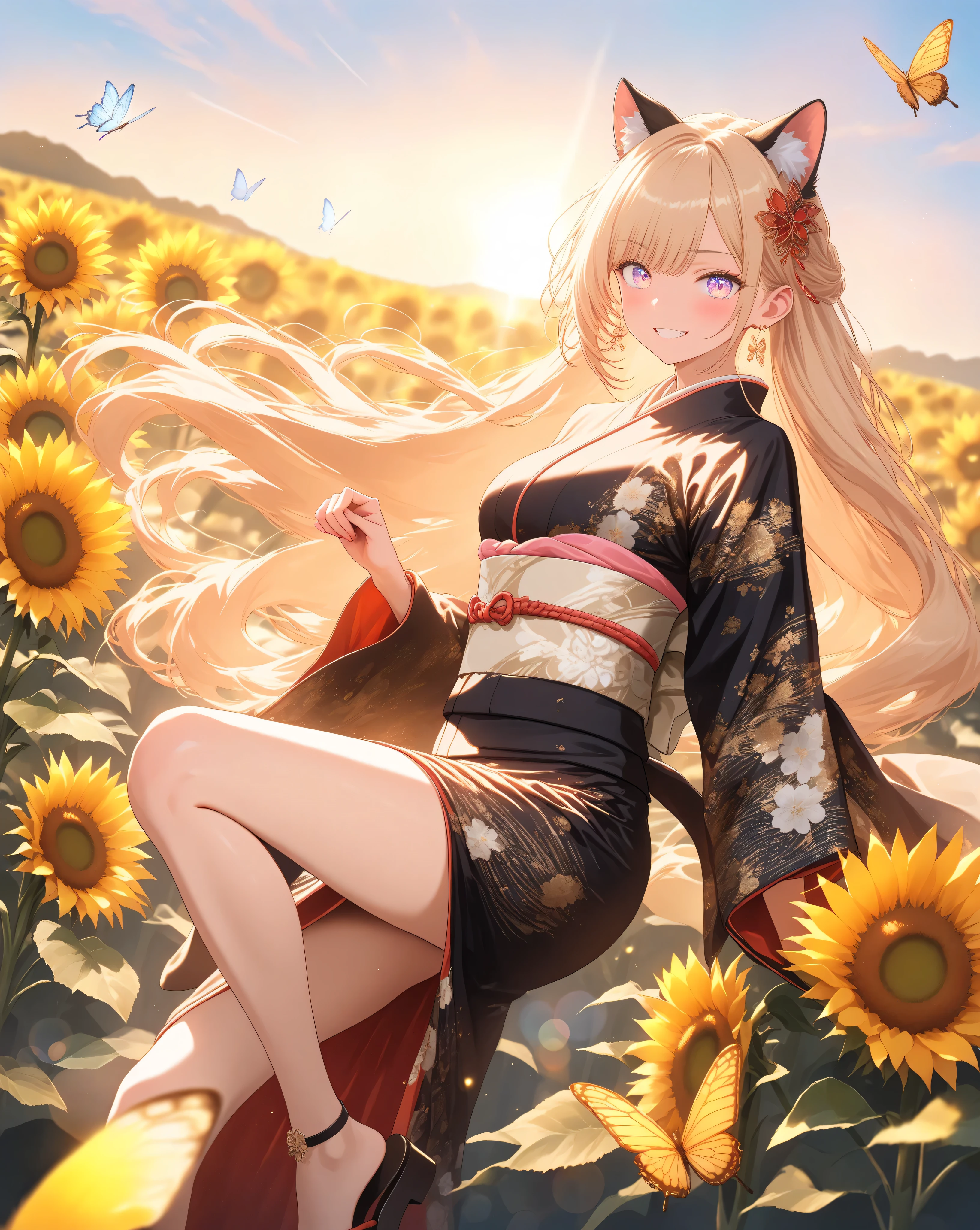 Quality: 
(high score), (masterpiece, detailed:1.2), (ultra-detailed), (ultra-quality), (super-resolution),

Art Style: 
(photorealistic):1.4, (2.5D):1.5, (golden hour lighting):1.6, (warm cinematic lighting):1.5, (volumetric light rays):1.4, ray tracing, depth of field, (vibrant sunset pastel palette):1.3, dramatic angle, (ethereal atmosphere):1.2, (dreamy aesthetic):1.1

Subject: 
(Breathtaking Fairy Cat Woman):1.5, (Sassy Paw pose):1.2,(triumphant-grin):1.4,(determined expression), (delicate vivid eyes),(delicate and moisturized lips),(smooth and Slender body lines):1.3, (translucent and moisturized skin), (graceful knee lines), (natural and beautiful leg lines), (delicate body contours),
(blonde hair with Soft Light):1.2, shimmering with digital light, meticulously detailed strands of hair, silky smooth texture, flowing like it flutters in the wind, natural shading and highlights,
(delicate cat ears):1.3,(delicate cat tail):1.3,(kimono from which the cat tail emerges):1.2,

Outfit: 
(black kimono with gold floral patterns):1.6, (soft chiffon kimono fabric):1.4, (golden obiage):1.3, (red obijime):1.3, (wide golden fukuro obi with floral pattern):1.4, (traditional zori sandals), kimono with draped sleeves, red accents on kimono collar, thin red ribbon in hair,
A detailed sunflower hair ornament,vibrant colors, natural light, elegant design

(Sunset gradient sky):1.5, (warm orange to golden yellow gradient), (soft pastel colors), (field of sunflowers in the foreground):1.4, (sunflowers facing the sunset), (detailed sunflower petals and stems), (bokeh effect on sunflowers):1.3, (shallow depth of field), (distant rolling hills):1.2, (softly blurred background), (golden hour lighting):1.6, (warm and soft light), (lens flare), (subtle rays of sunlight):1.1, (dust particles in the air),
(iridescent butterfly wings shimmering with ethereal light), (butterflies fluttering gracefully in the air), (soft glowing trails left by butterflies), magical particles floating around